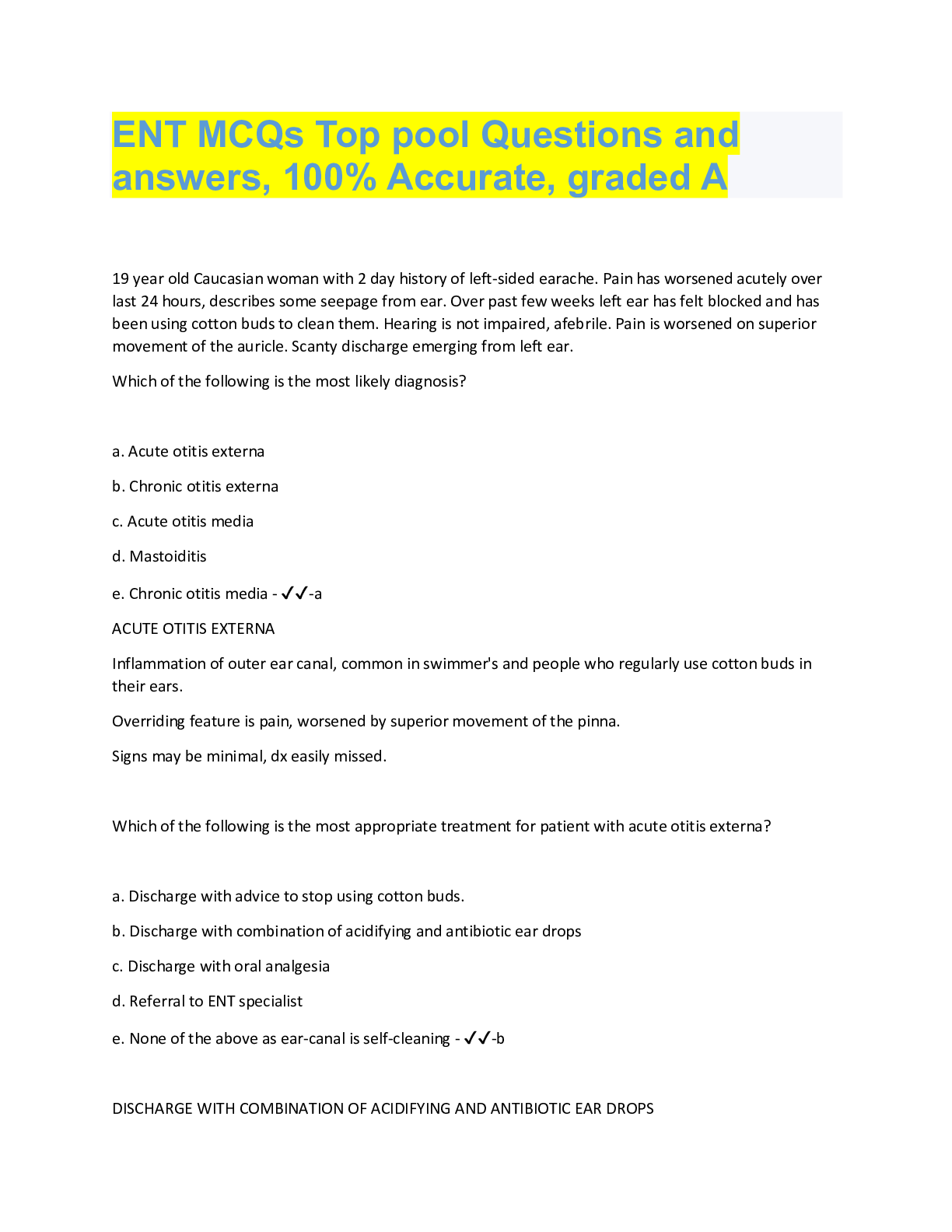 Preview image for ENT MCQs Top pool Questions and  answers, 100% Accurate, graded A